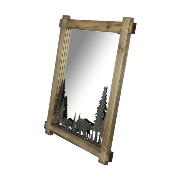 26 Inch Black Bears Wood And Metal Wall Mirror Decorative Forest Bathroom Decor - Picture 2 of 4